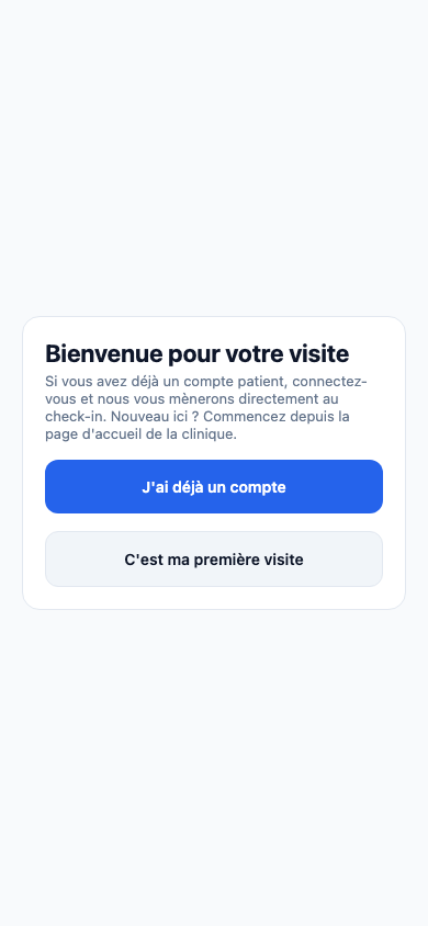 Écran ClinicOps d'entrée patient via plaque pour check-in ou première visite