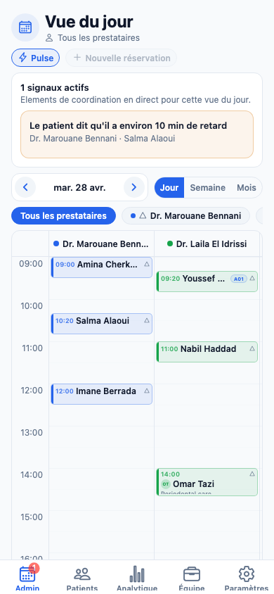 Vue planning du jour ClinicOps depuis l'application de démo seedée