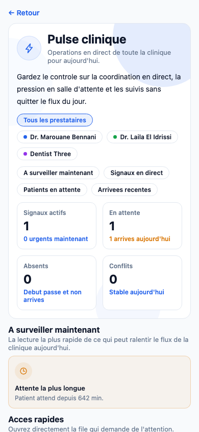 Écran Pulse ClinicOps avec signaux opérationnels depuis l'application de démo seedée