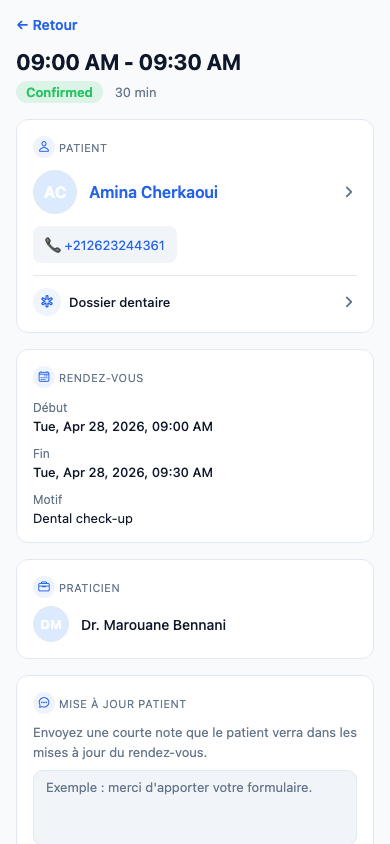 Détail d'un rendez-vous ClinicOps depuis l'application de démo seedée