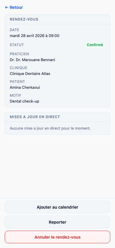 Détail de rendez-vous patient ClinicOps avec mises à jour en direct
